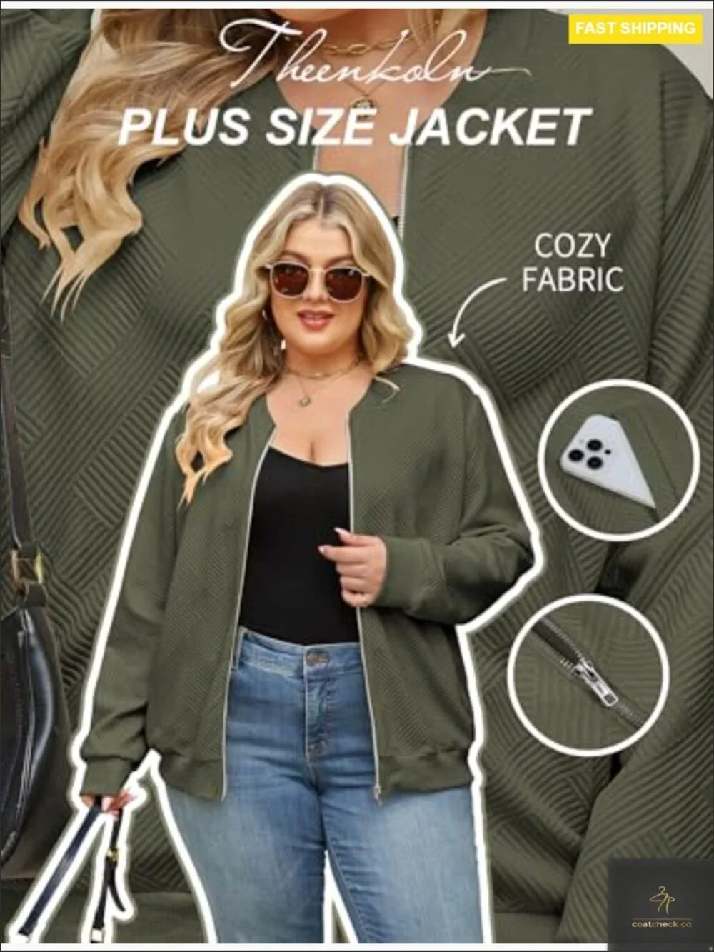 Plus Size Bomber Jacket Full Zip Lightweight Casual Oversized Spring Fall